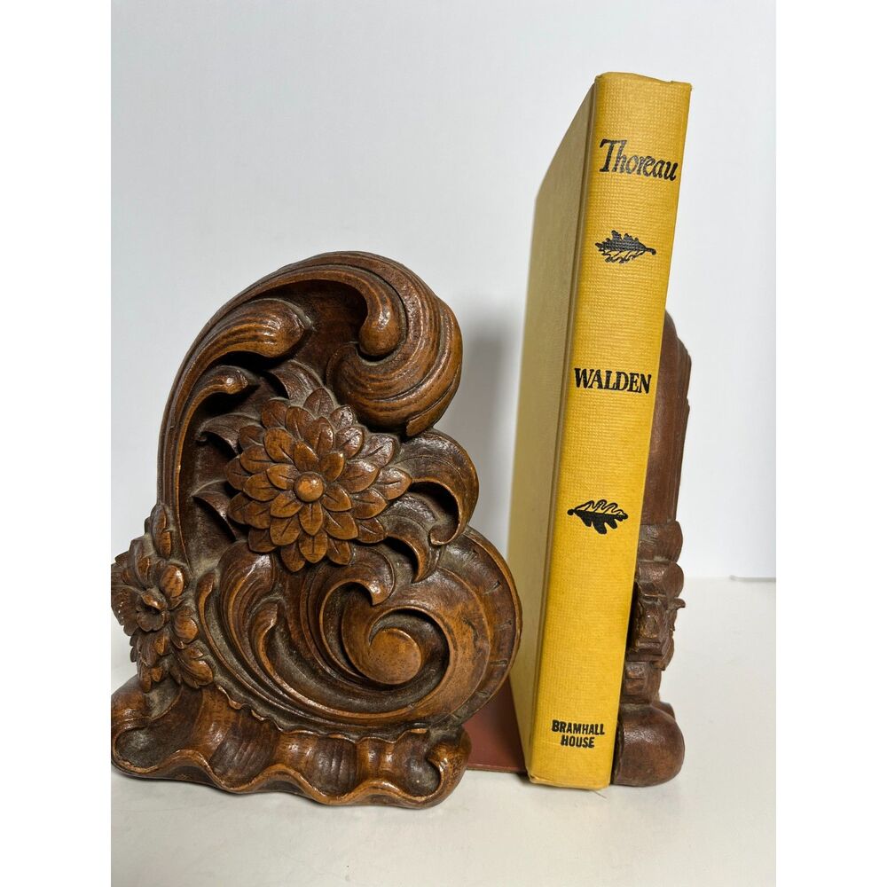 Vintage Syroco Wood Floral Bookends Romantic Ornate Flowers Scrollwork 6.5"